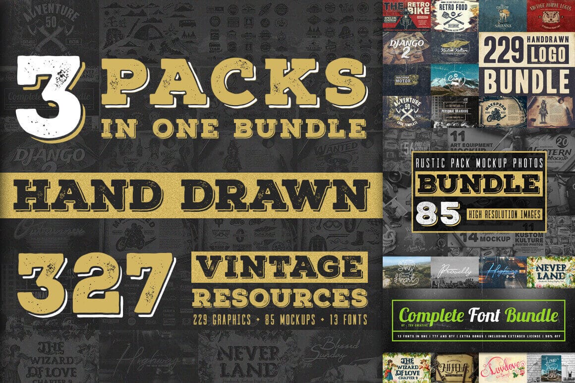 Vintage Rustic Bundle of 325+ Logos, Fonts and Photo Mockups – only $17!