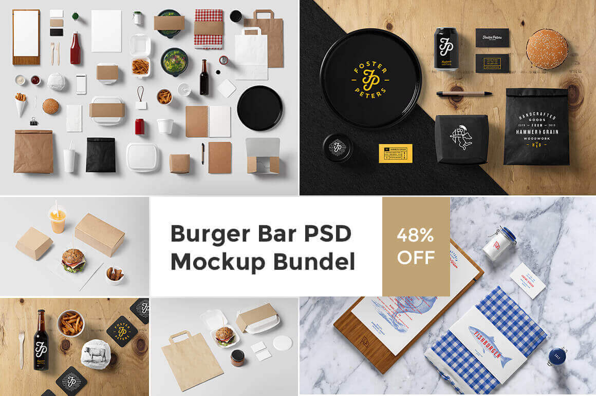 Burger Bar Photorealistic Mockup Bundle with 50 Food-Centric Items - only $15!