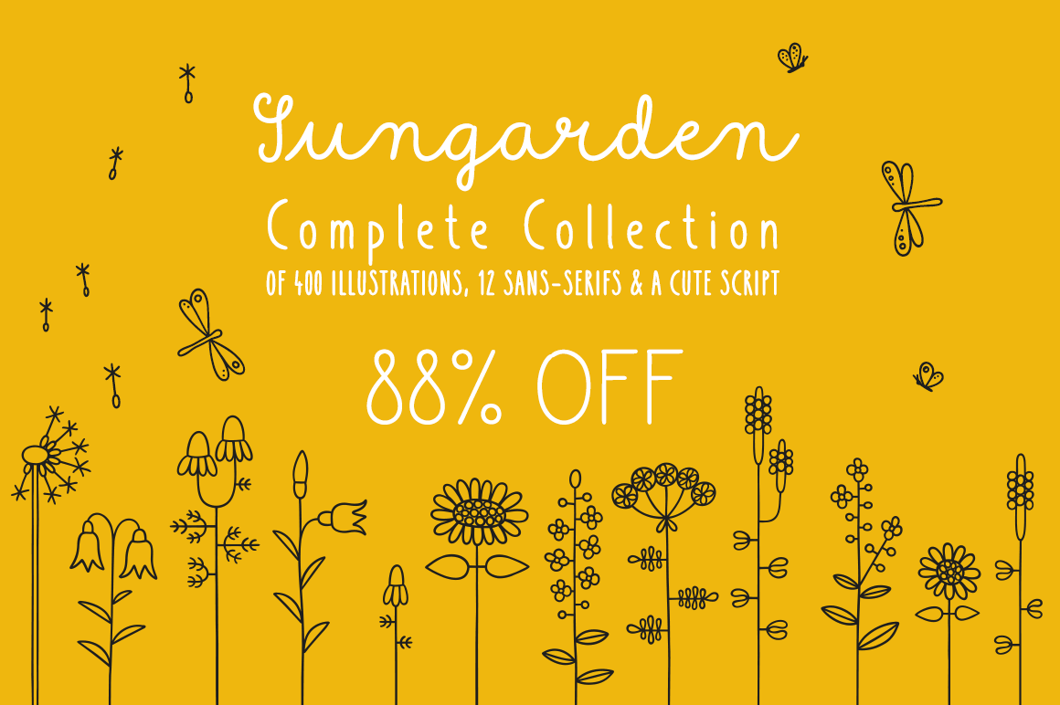 The Sungarden Collection of 400 Flowery Hand-Drawn Illustrations in 8 Fonts – only $12!