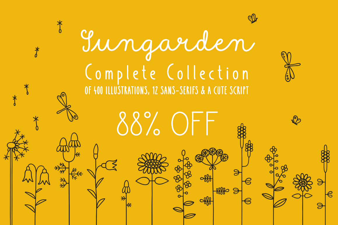 The Sungarden Collection of 400 Flowery Hand-Drawn Illustrations in 8 Fonts - only $12!