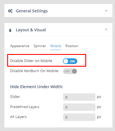 Business Legions - Slider Revolution Settings Mobile Disable Slider on mobile ON