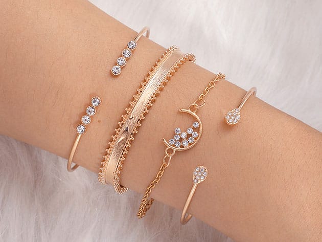 14K Gold-Plated White Crystal Celestial 4-Piece Bangle Set for $12