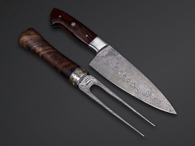 58HRC Damascus Steel Chef + Fork Knife Set for $69
