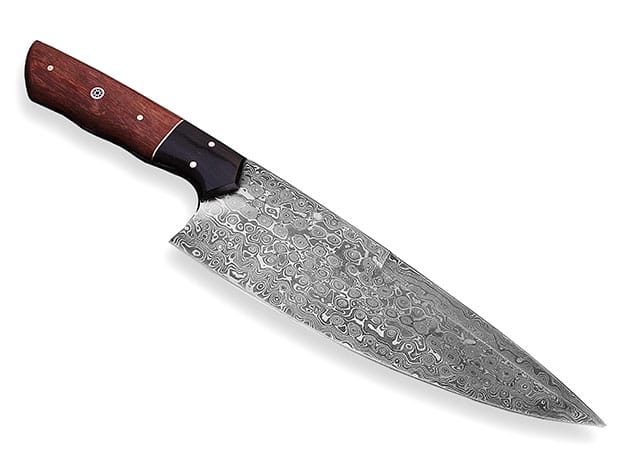 Damascus Chef Knife with Buffalo Horn, Brass & Rose Wood Handle for $59