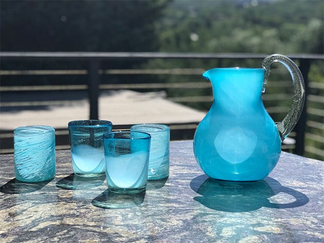 Handblown Glass Aqua Pitcher for $47