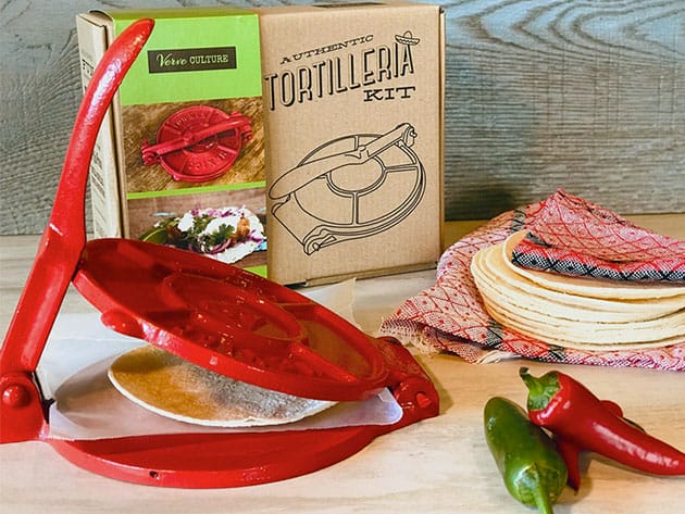 Tortilla Press Kit: Red Cast Iron with Servietta for $40