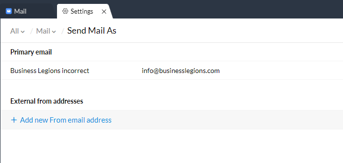 Business Legions ZOHOMAIL incorrect email address