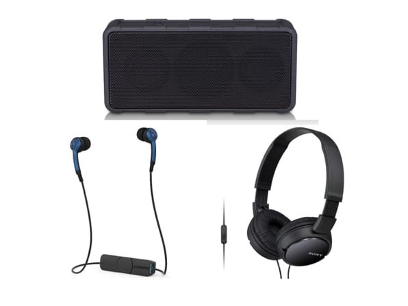 Rugged Wireless Speaker + Bluetooth Earbuds + Sony Headphones Bundle (New Open Box) for $39