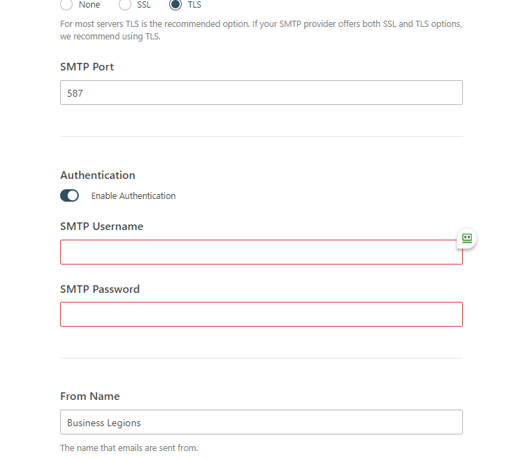 Business Legions USING WP MAIL SMTP TO RECEIVE EMAIL LOGS setting