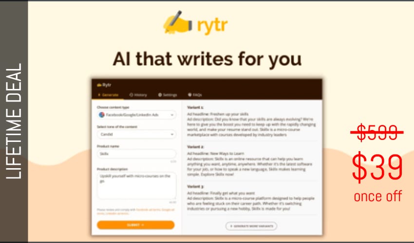 Rytr Lifetime Deal for $39