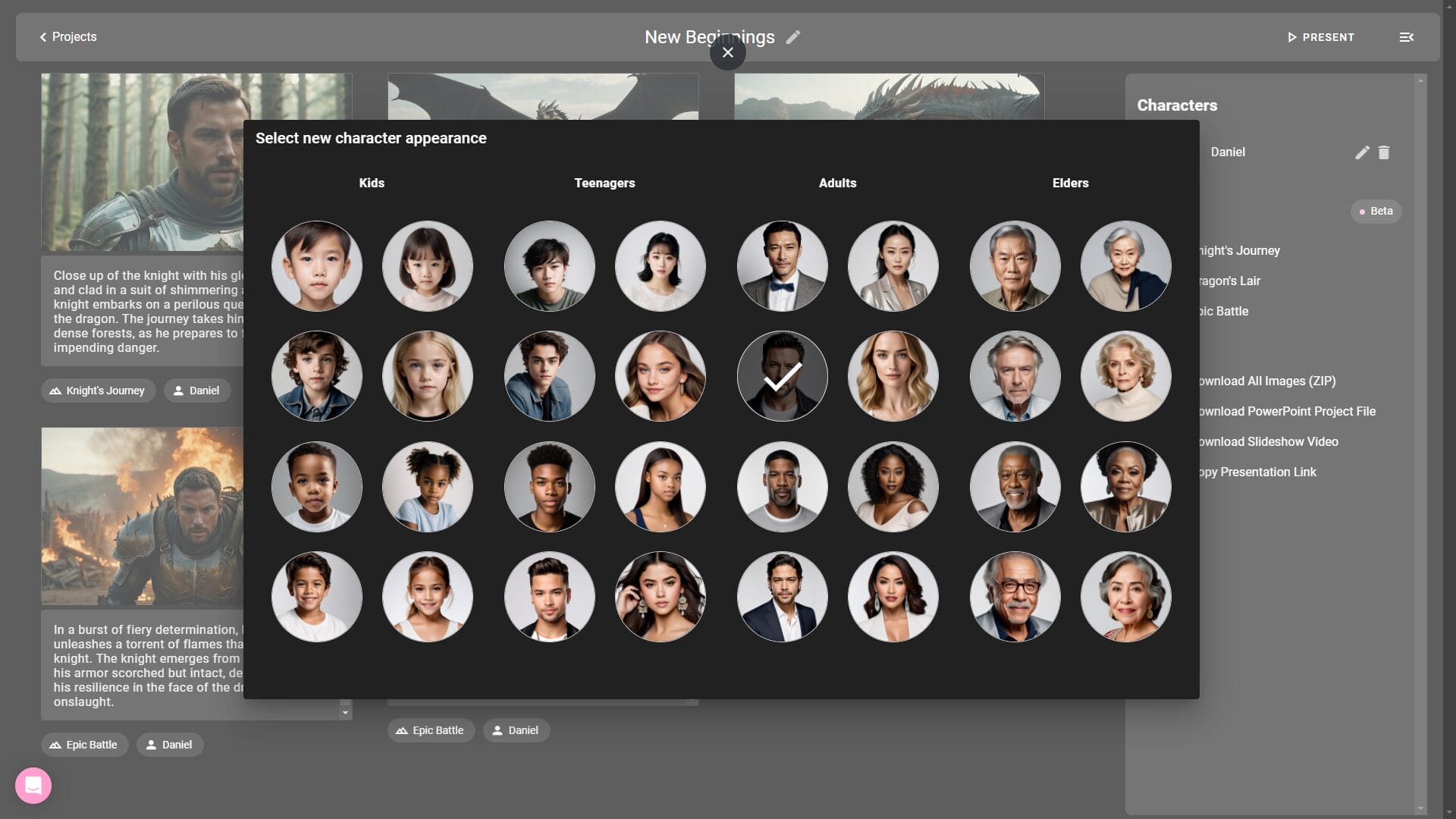 HOW TO USE KATALIST AI TO CREATE AWESOME STORYBOARDS dashboard new beginnings settings presentation mode characters
