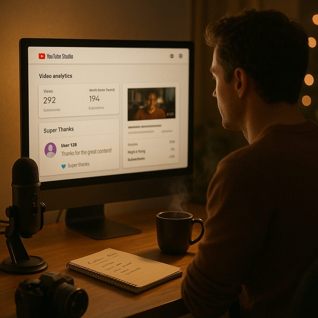 A warm, photorealistic scene of a YouTube creator at a tidy desk with soft ambient lighting, looking at the YouTube Studio dashboard on a large monitor. On screen, a highlighted “Super Thanks” comment is visible beneath a video analytics panel. Nearby are a microphone, camera, notebook with content ideas, and a steaming mug. The mood is grateful and focused, with subtle bokeh lights in the background.