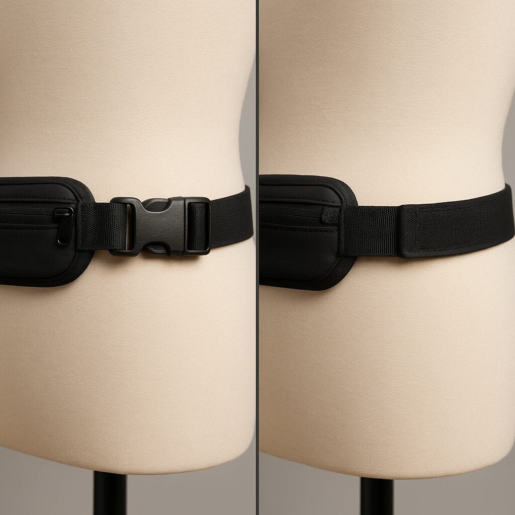 A split-screen close-up comparing a running belt with a plastic buckle clip and another with a velcro closure, both on a mannequin waist, studio lighting, showing strap width and stitching details.
