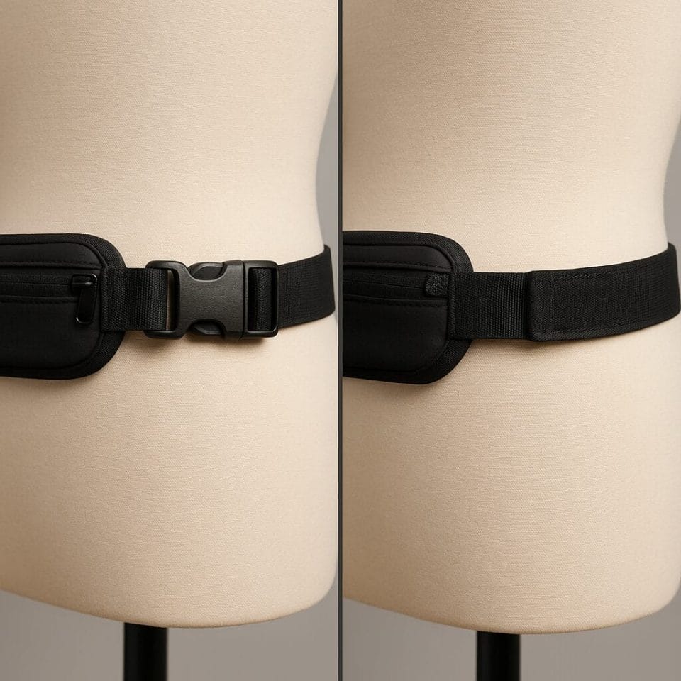 A split-screen close-up comparing a running belt with a plastic buckle clip and another with a velcro closure, both on a mannequin waist, studio lighting, showing strap width and stitching details.