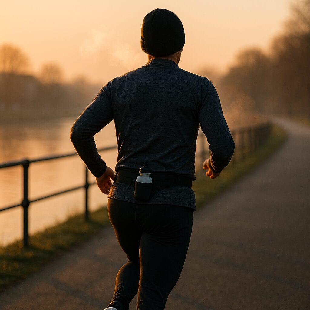A runner on a riverside path at dawn wearing a black waist running belt with a single small bottle at the back, soft golden light, visible breath in cool air, showing the belt positioned low on the hips and the runner mid-stride.