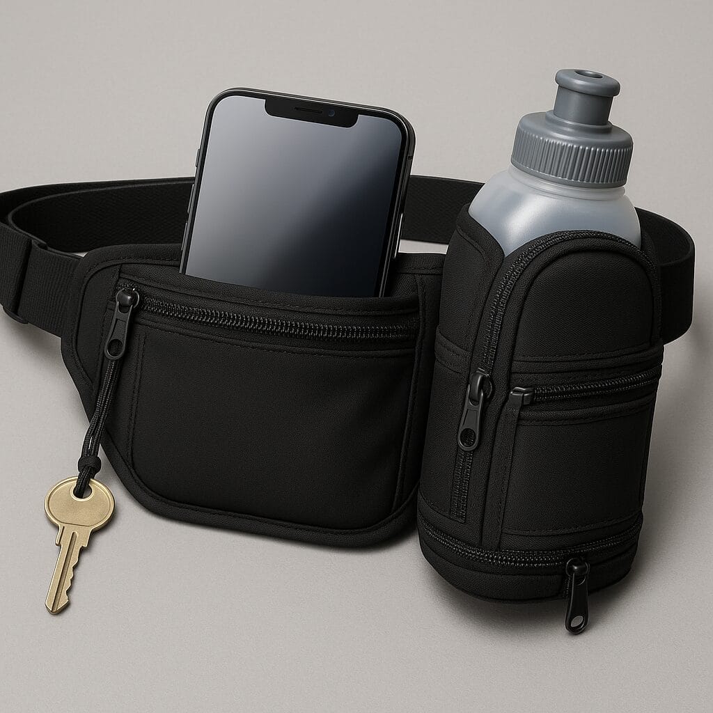 A detailed product-style close-up of a modern black running belt laid flat on a neutral grey background, highlighting a zippered phone pocket with a large smartphone partially inserted, a small key pouch with a key on a tiny leash, and an expandable bottle holster featuring both top and bottom zippers, with clean studio lighting.