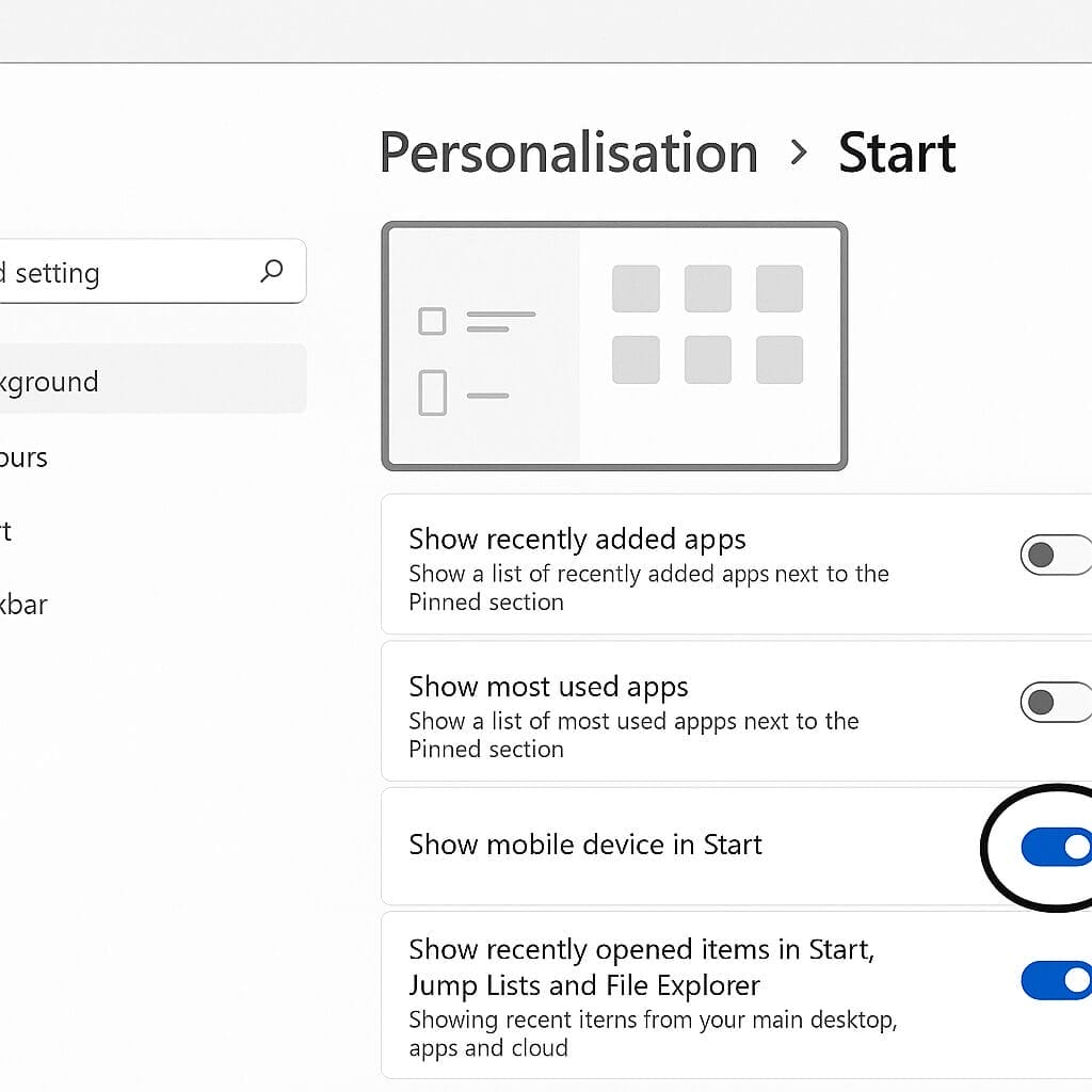 A crisp UI-focused illustration showing the Windows 11 Personalisation > Start settings page, with the “Show mobile device in Start” toggle clearly marked, light theme, vector-style but realistic proportions, emphasising clarity and accessibility.