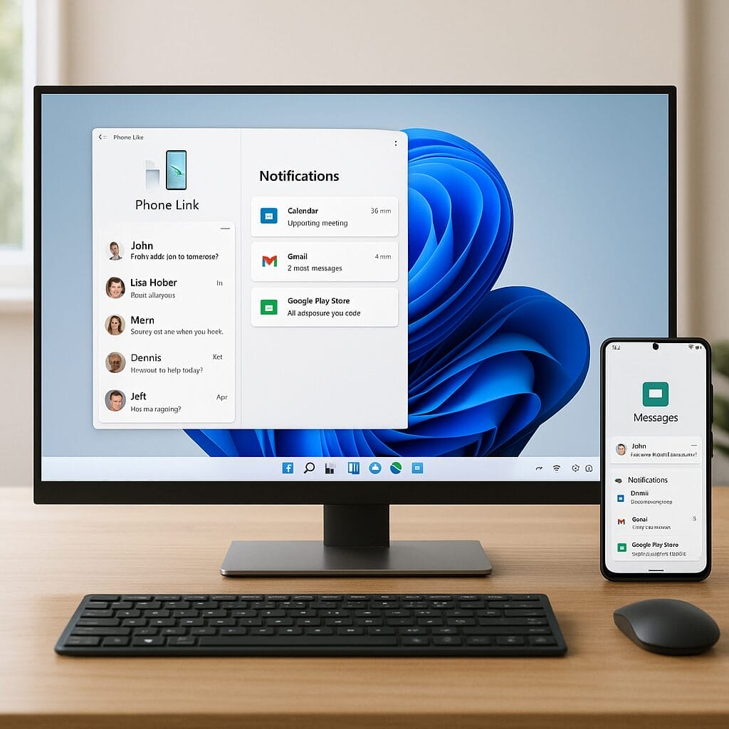 A wide-angle, photorealistic image of a modern Windows 11 desktop and an Android phone side by side on a wooden desk, the PC showing the Phone Link app with messages and notifications, soft daylight from a window, clean minimalist workspace, 4K resolution.