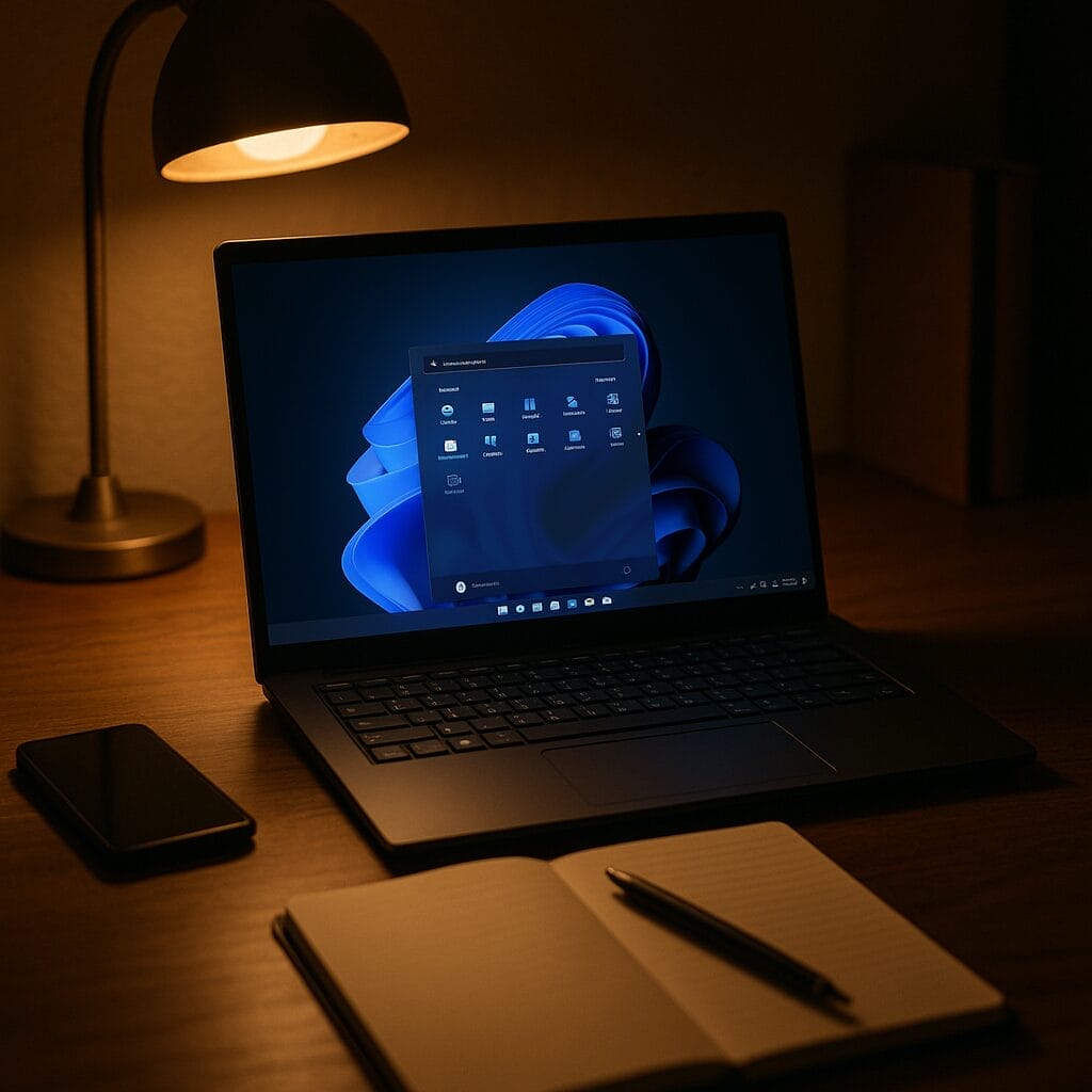 A realistic scene of a focused workspace at night, Windows PC showing a clean Start menu without the Phone Link panel, warm desk lamp lighting, a notebook and pen nearby, an Android phone face down to reduce distractions, cinematic depth of field.