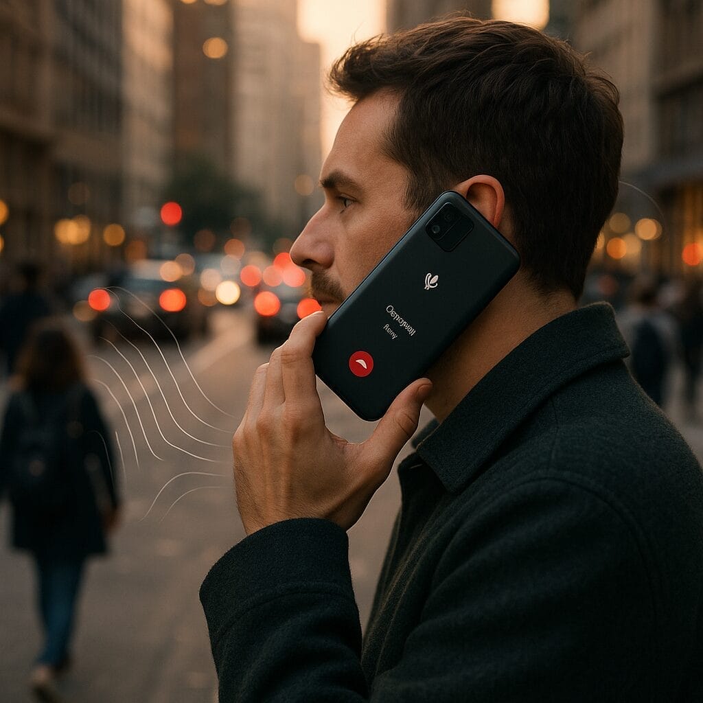 A candid, high-resolution shot of a commuter holding an Android phone to their ear on a bustling city street, with visual sound waves subtly illustrating background noise being reduced while the speaker’s voice remains clear; include traffic, people, and soft evening light; the phone screen is partially visible showing a call in progress.