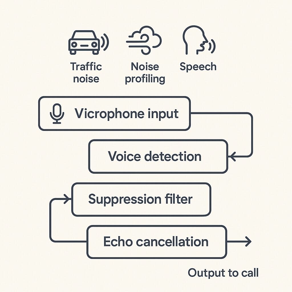 An elegant, simplified diagram showing a call audio signal flowing through stages labelled “Microphone input → Voice detection → Noise profiling → Suppression filter → Echo cancellation → Output to call,” with small icons for traffic noise, wind, and speech; clean vector style on a light background.