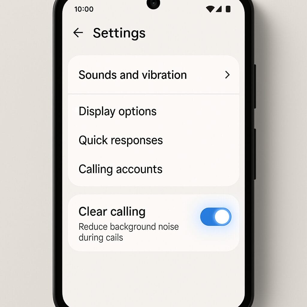 A clean, modern UI mock-up of the Android Phone app’s Settings screen on a smartphone, highlighting the path “Settings → Sounds and vibration → Clear calling” with a glowing toggle switch; include subtle material design elements and soft shadows on a neutral background.