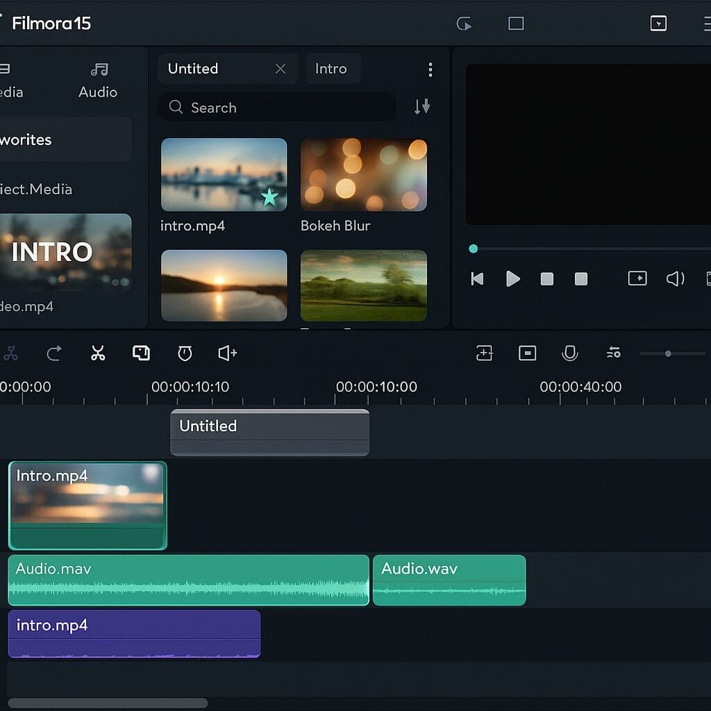 A clean screenshot style composition of Filmora 15’s interface with multiple timeline tabs open, showing a primary timeline and a secondary timeline for an intro segment, with media bins and effects panels visible