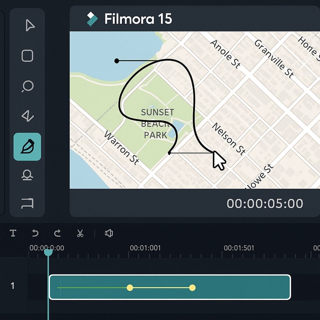 A detailed view of Filmora 15 showing the pen tool in use with Bézier curves, a creator drawing a path over a map, keyframes on the timeline and a motion preview in the program monitor