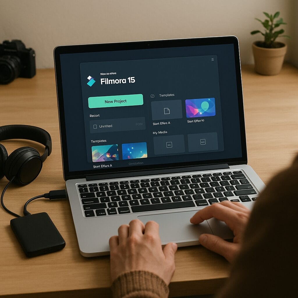 A creator at a home editing desk launching Filmora 15 on a laptop, with an external SSD and headphones nearby, the screen showing the Filmora start window and project templates