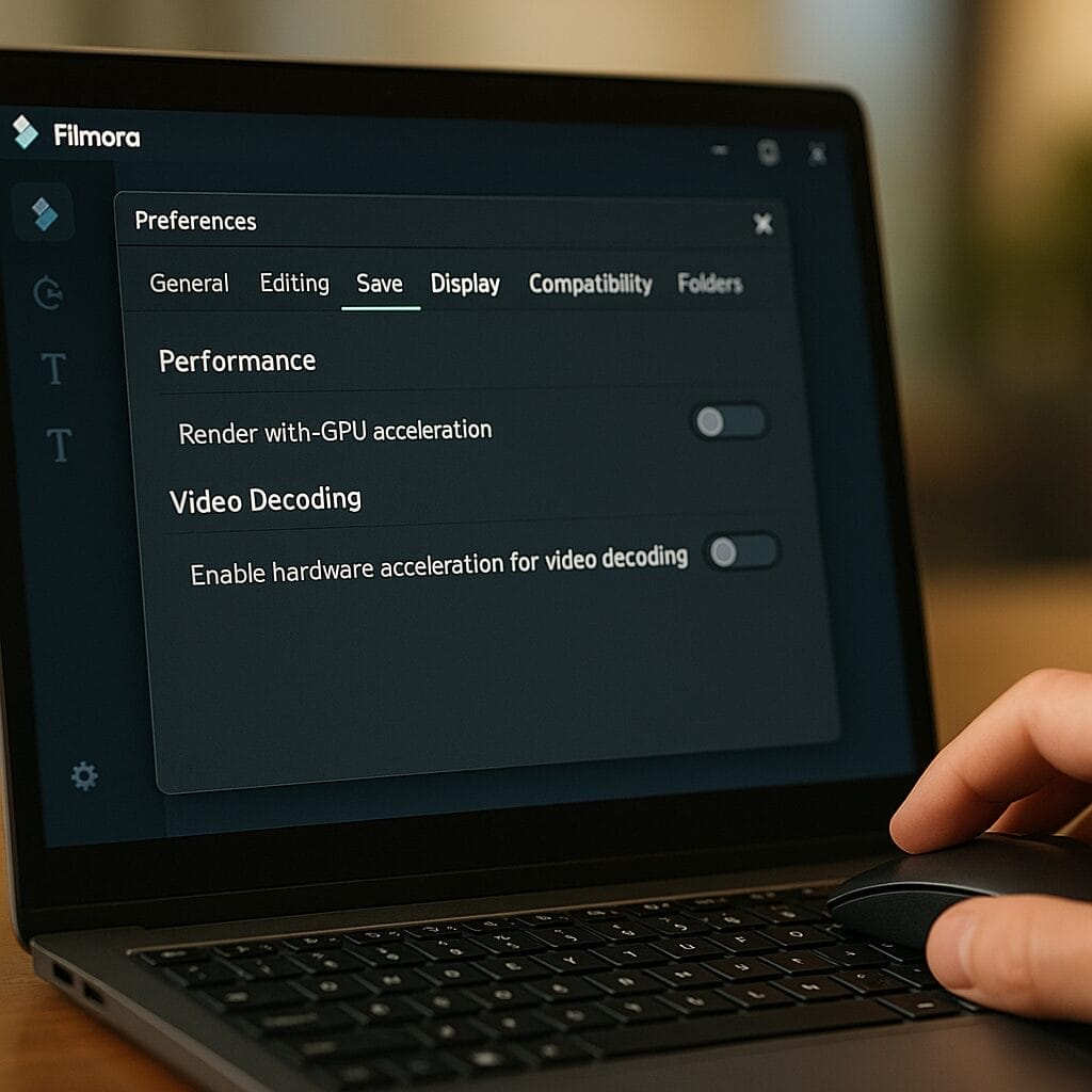 A realistic, close up view of a user opening Filmora preferences on Windows, with the Performance tab visible. The options for video rendering and video decoding hardware acceleration are shown, with the toggles set to off. Ambient office lighting, crisp UI elements.