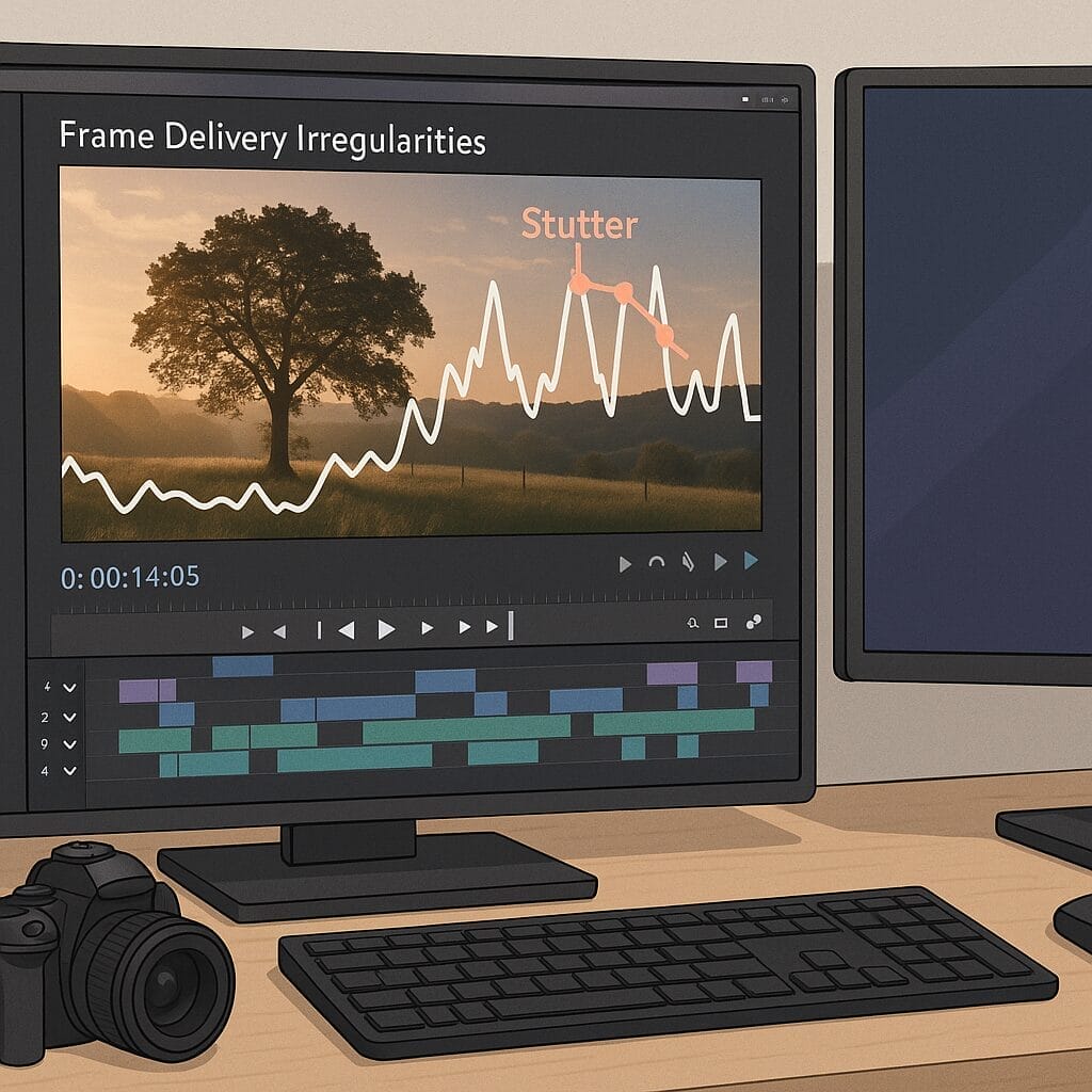 A detailed illustration showing a video editor preview window with a timeline of clips and a graph overlay indicating frame delivery irregularities, highlighting stutter points. A modern desktop setup with dual monitors and a camera on the desk.
