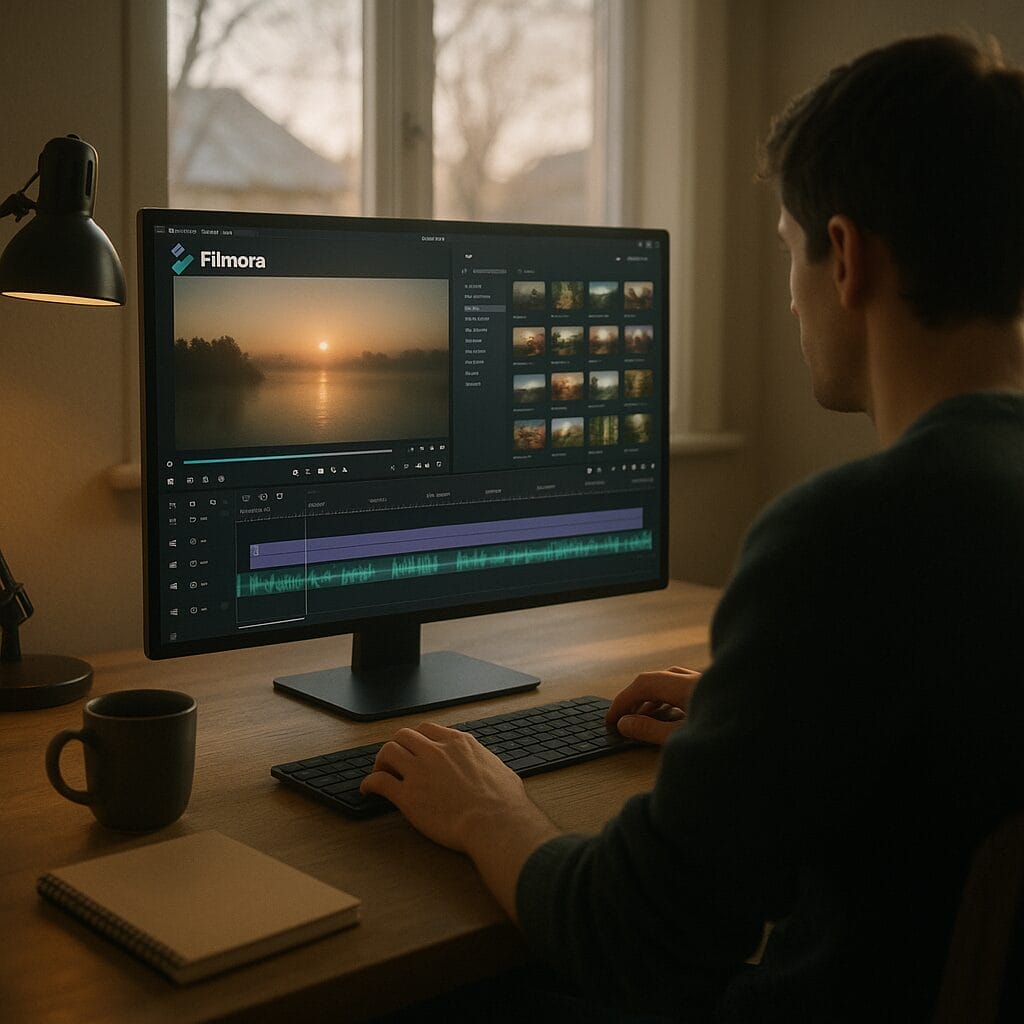 A cinematic wide shot of an editor working at a desk during early morning, with Filmora open on the screen, a timeline visible, and natural light. The mood conveys calm focus and smooth workflow, with subtle details like a coffee mug and a notebook.