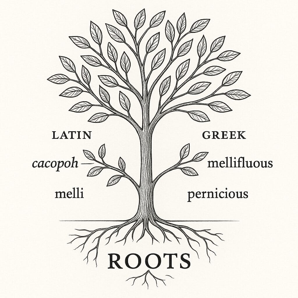 An elegant illustration of word roots on a branching tree, with Latin and Greek origins labelled, connecting to example words like cacophony, mellifluous, and pernicious, on a clean white background.