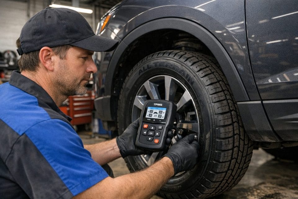 A photorealistic image of a mechanic in a clean garage checking a SUV wheel with a handheld TPMS diagnostic tool, detailed tyre sidewall, workshop lighting, realistic tools and environment, make the photo realistic and not AI Generated