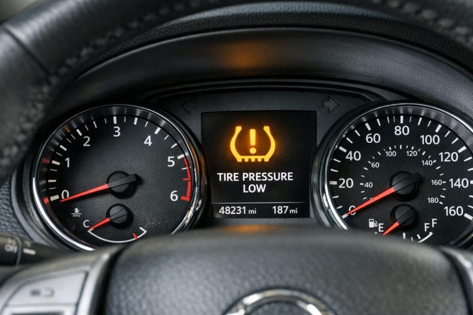 A photorealistic close up of a car dashboard display showing a tyre pressure warning light illuminated, with a steering wheel and instrument cluster visible, realistic interior lighting, sharp detail, make the photo realistic and not AI Generated
