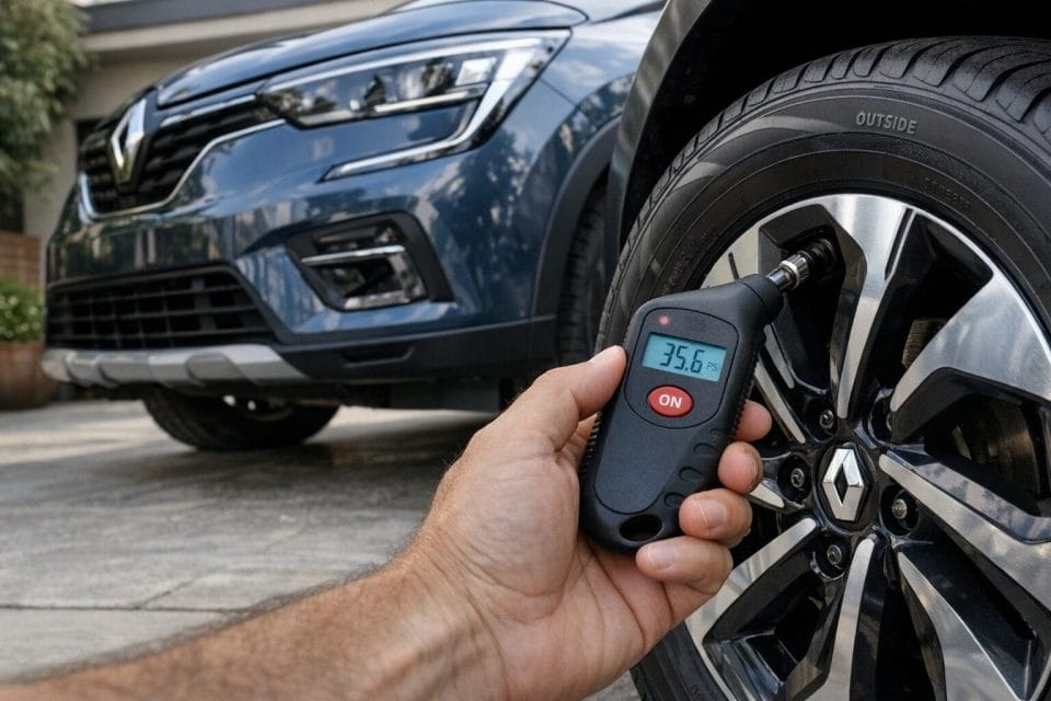 A photorealistic image of a modern Renault style SUV parked in a clean driveway, with a close view of one front tyre being checked with a digital tyre pressure gauge, natural daylight, realistic reflections on the car paint, crisp detail on the wheel and tyre tread, make the photo realistic and not AI Generated