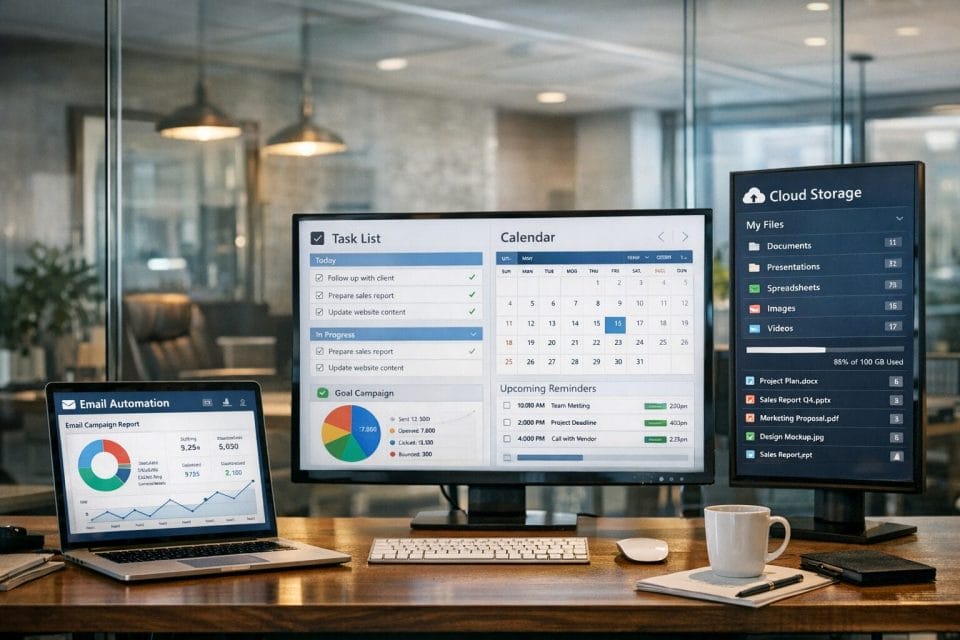 A photorealistic scene of a business dashboard concept displayed on multiple screens in a contemporary office, showing email automation, task lists, calendar reminders, and cloud file storage, with realistic lighting, glass reflections, and professional office details, make the photo realistic and not AI Generated