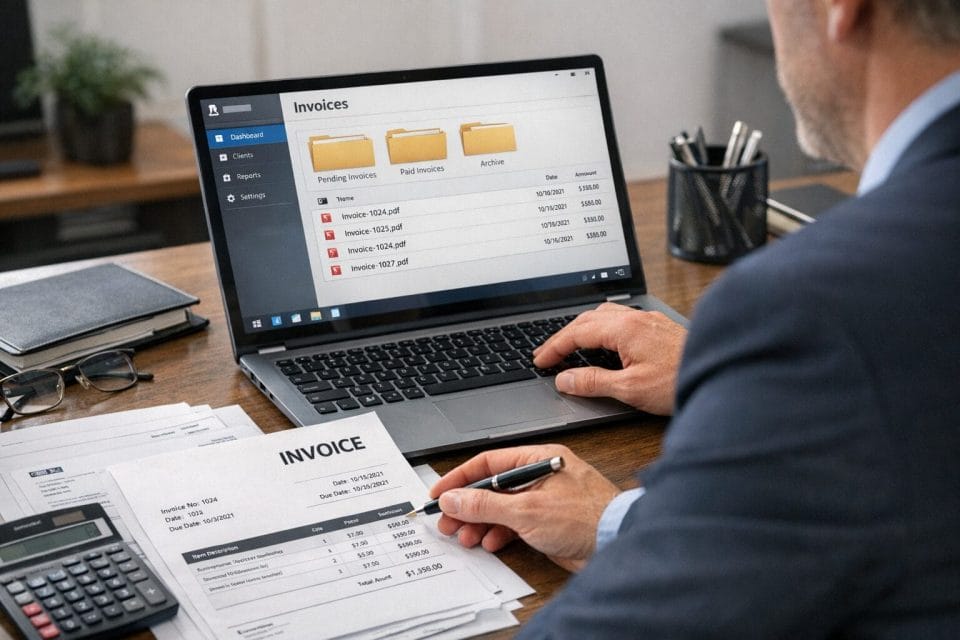 A photorealistic close view of a business professional reviewing digital invoice documents on a laptop, with organised folders visible on screen, printed invoices on a desk, realistic office lighting, detailed textures, and a tidy professional setting, make the photo realistic and not AI Generated
