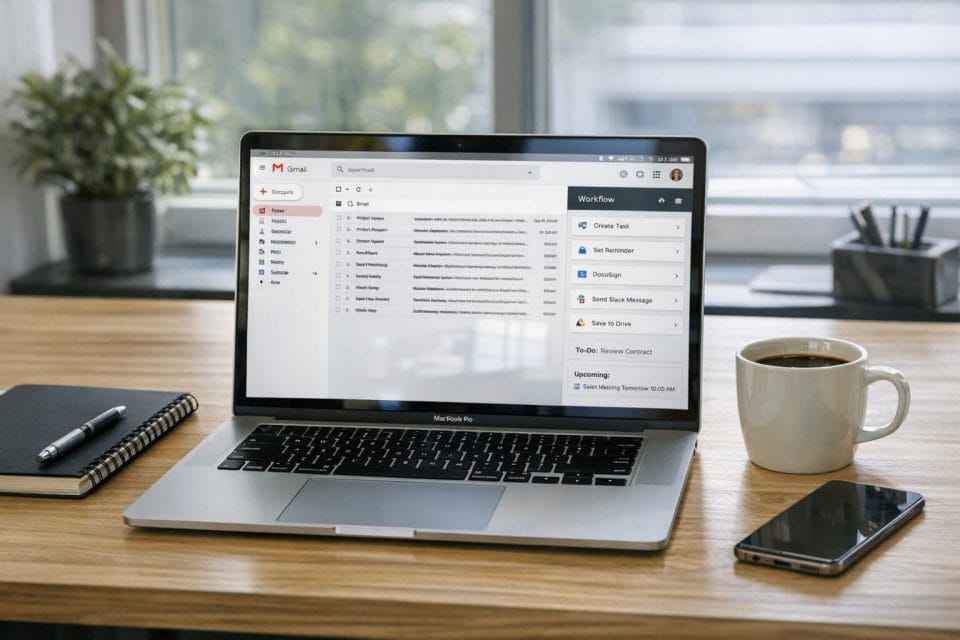 A photorealistic modern office workspace showing a laptop open to Gmail with a workflow side panel visible, a notebook, coffee cup, smartphone, and soft natural daylight coming through a window, realistic reflections on the screen, professional business environment, make the photo realistic and not AI Generated