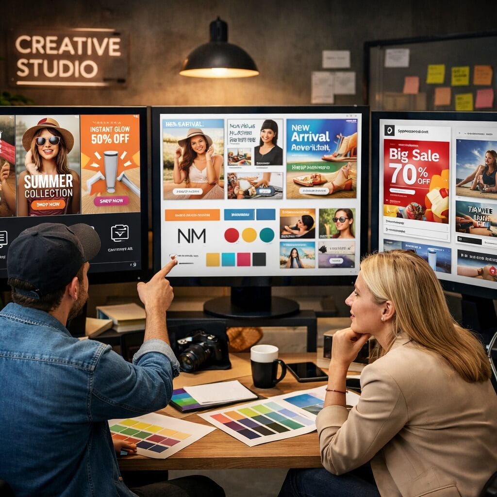 A creative marketing studio scene with a designer and founder reviewing AI generated branded ad images on large monitors, showing multiple social media ad formats, colour palettes, logos, and campaign mockups, photorealistic and premium.
