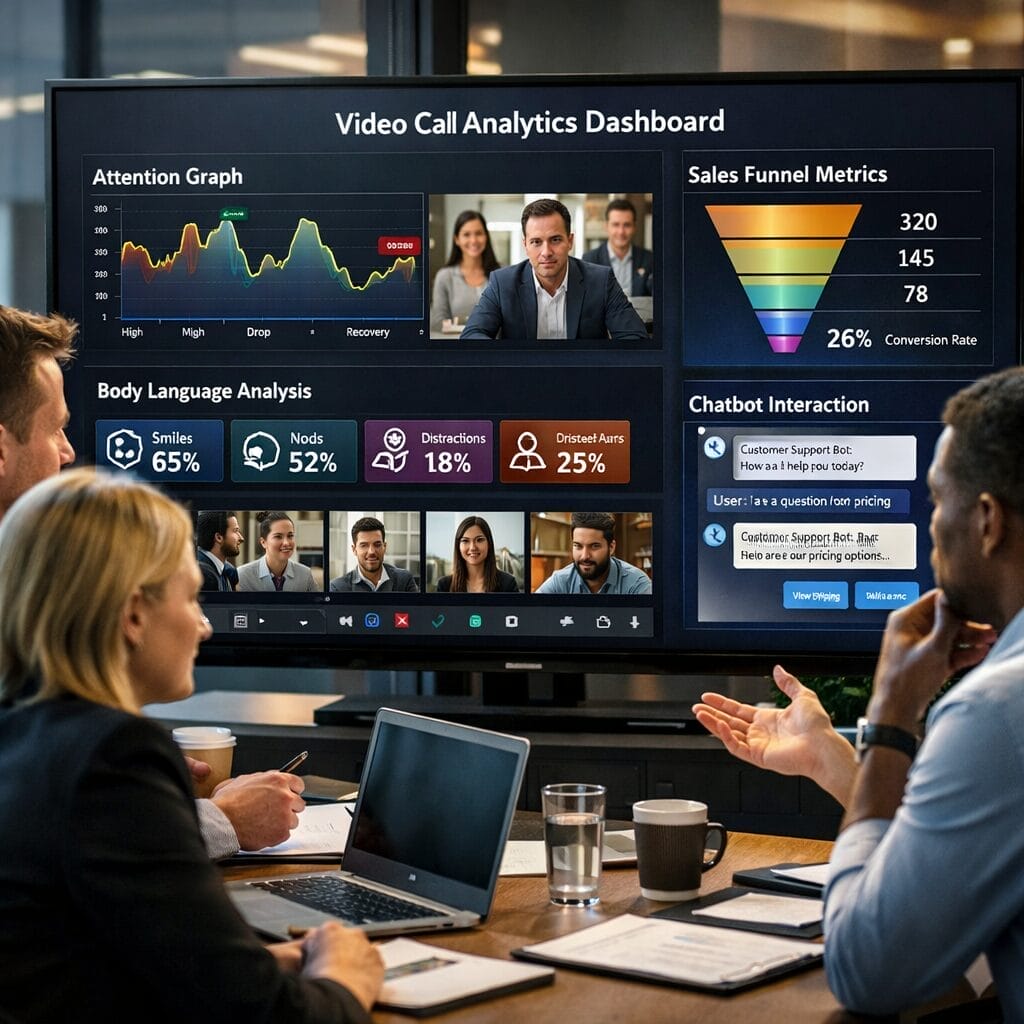 A realistic sales team reviewing a video call analytics dashboard with attention graphs, body language insights, funnel metrics, and customer support chatbot screens, sleek office setting, cinematic lighting, photorealistic.