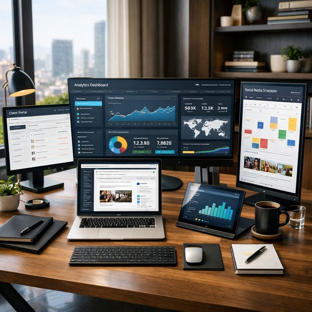 A polished modern workspace for a founder, showing multiple screens with dashboards, analytics, client portals, content tools, and marketing software open, natural lighting, premium office aesthetic, photorealistic business environment.