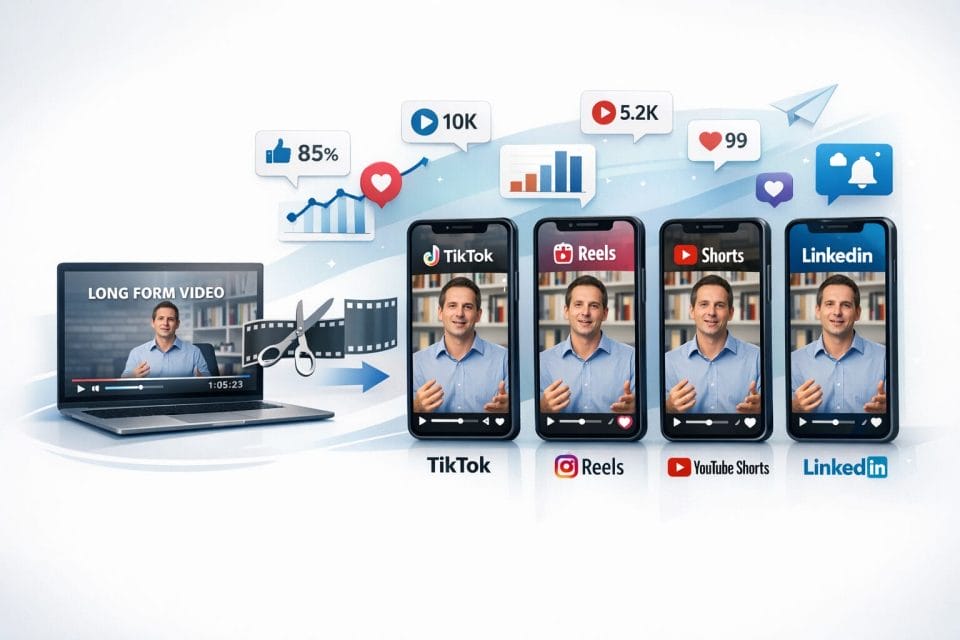A dynamic social media marketing scene showing one long form video being transformed into multiple short vertical clips for TikTok, Instagram Reels, YouTube Shorts, and LinkedIn, with floating interface elements, analytics icons, and a clean professional visual style.