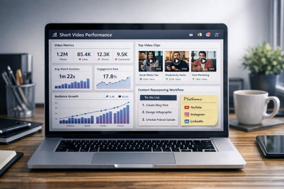 A professional digital marketing dashboard on a laptop showing short video performance metrics, clip thumbnails, audience growth charts, and content repurposing workflow notes, with a business focused workspace and realistic modern design.