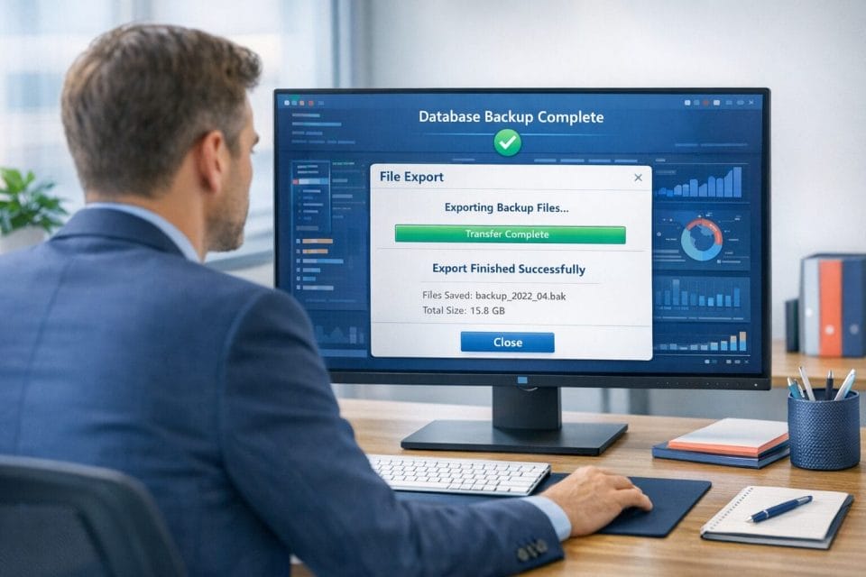 A photorealistic image of a business professional reviewing a completed database backup on screen, file export progress window visible, blue themed tech interface, neat office setup, realistic daylight, and subtle branding colours of blue, navy, white, and coral in the environment.