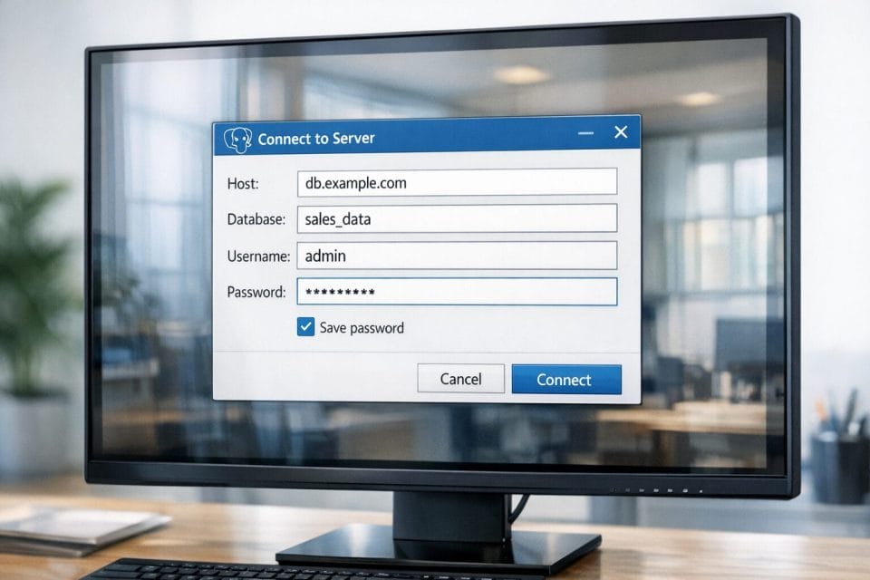 A photorealistic close up of a computer monitor displaying a PostgreSQL connection setup window with host, database, username, and password fields filled in, blue and white interface styling, realistic office reflections on the screen, and a clean startup office environment.