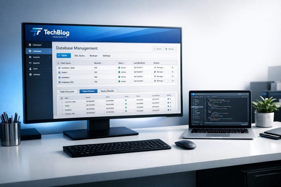 A photorealistic image of a modern desktop workspace with a large monitor showing a database management interface, a laptop beside it, clean white desk, subtle blue accent lighting, professional business tech atmosphere, and a small horizontal business style logo on the screen inspired by a blue corporate tech blog brand.