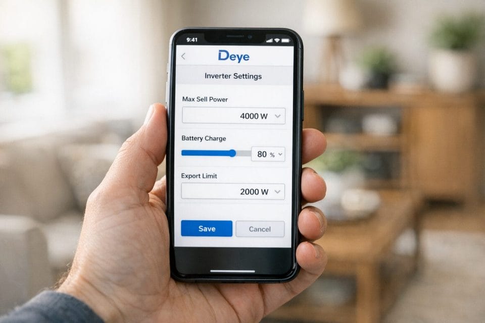 A photorealistic image of a homeowner holding a modern smartphone indoors, with the Deye inverter mobile app open on a settings screen showing parameters like “Max Sell Power”, “Battery Charge”, and “Export Limit”. The phone is in focus with soft natural light, and a tidy living room is visible in the background.