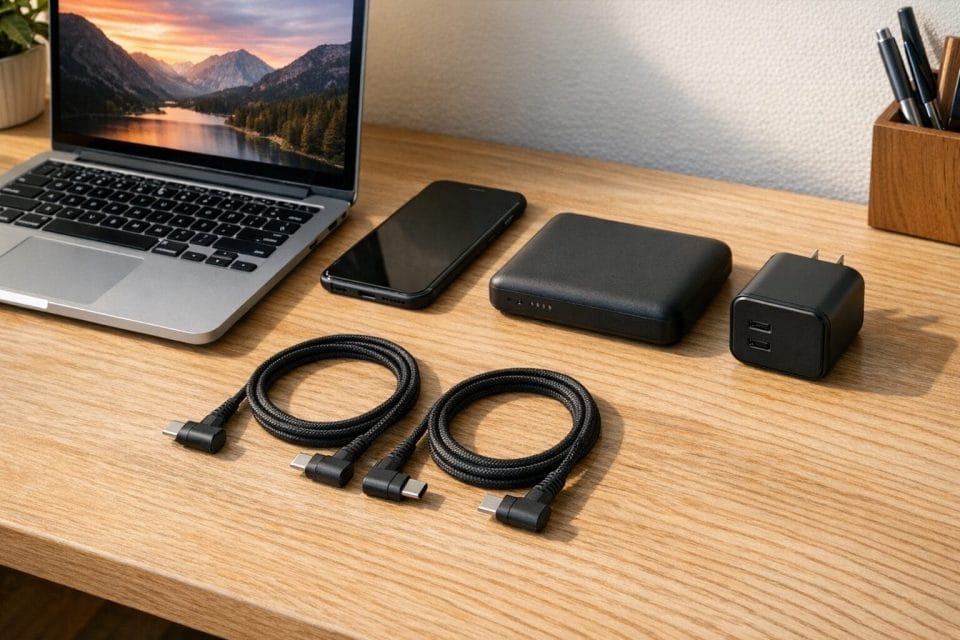A photo realistic desk setup with a laptop, smartphone, power bank, and two black right angle USB C cables arranged neatly beside a charger, clean modern workspace, warm natural light, realistic cable texture, not AI Generated