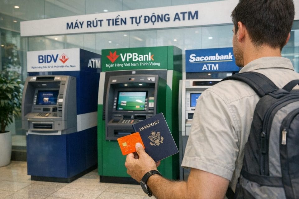 A photorealistic scene inside a modern bank lobby in Hanoi with a row of ATMs from local banks, including VPBank, and a traveller withdrawing cash while holding a bright orange debit card and a passport. Natural lighting and clear signage in Vietnamese.